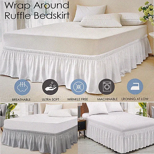 Bed Dust Ruffle Skirt Queen King Twin Full Easy Wrap Around Elastic Bedskirt 15"