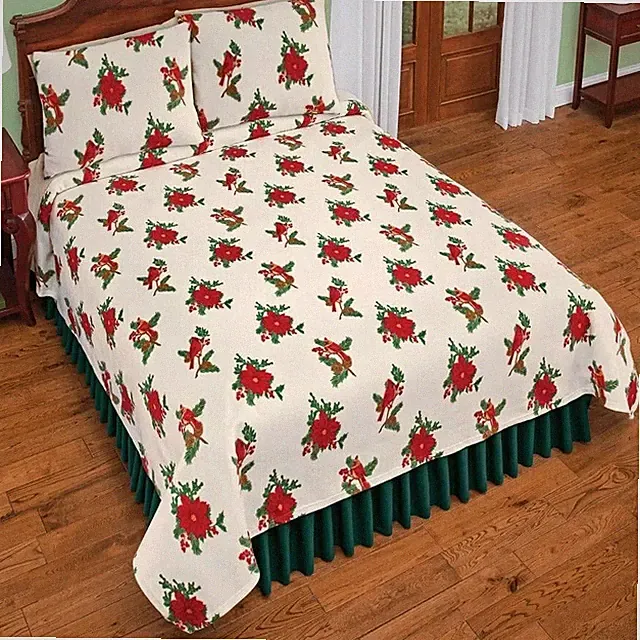 Cardinal Poinsettia Ultra Soft Fleece Ivory Coverlet Full/Queen Size