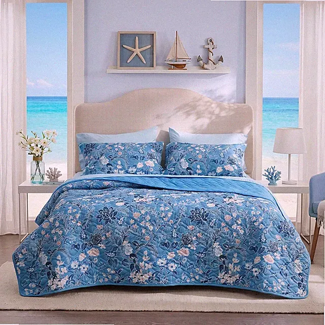 Floral Quilt Queen Size Reversible Blue Comforter Dyed-in-Fabric Bedspread