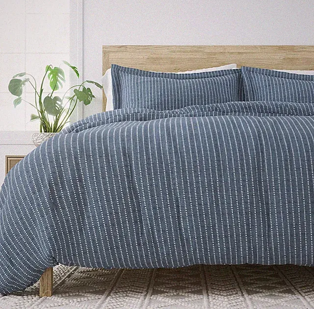 Kaycie Gray Duvet Cover Set Full / Queen 3 Piece Navy Stripe Reversible OEKO-TEX