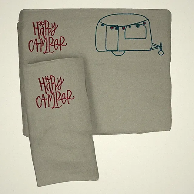 RV/Camper Microfiber Embroidered Sheet Set Grey/Teal, "Happy Camper" Choose Size